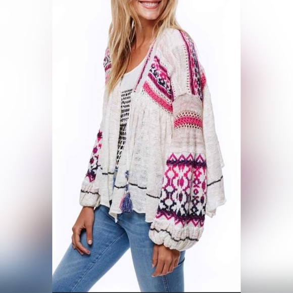 Free People Dreamland cardigan sweater crochet pink white purple xs flowy - Picture 1 of 9